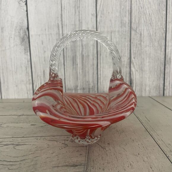 Red / White / Clear Striped Murano Glass Basket w/ Twisted Handle - Picture 2 of 8